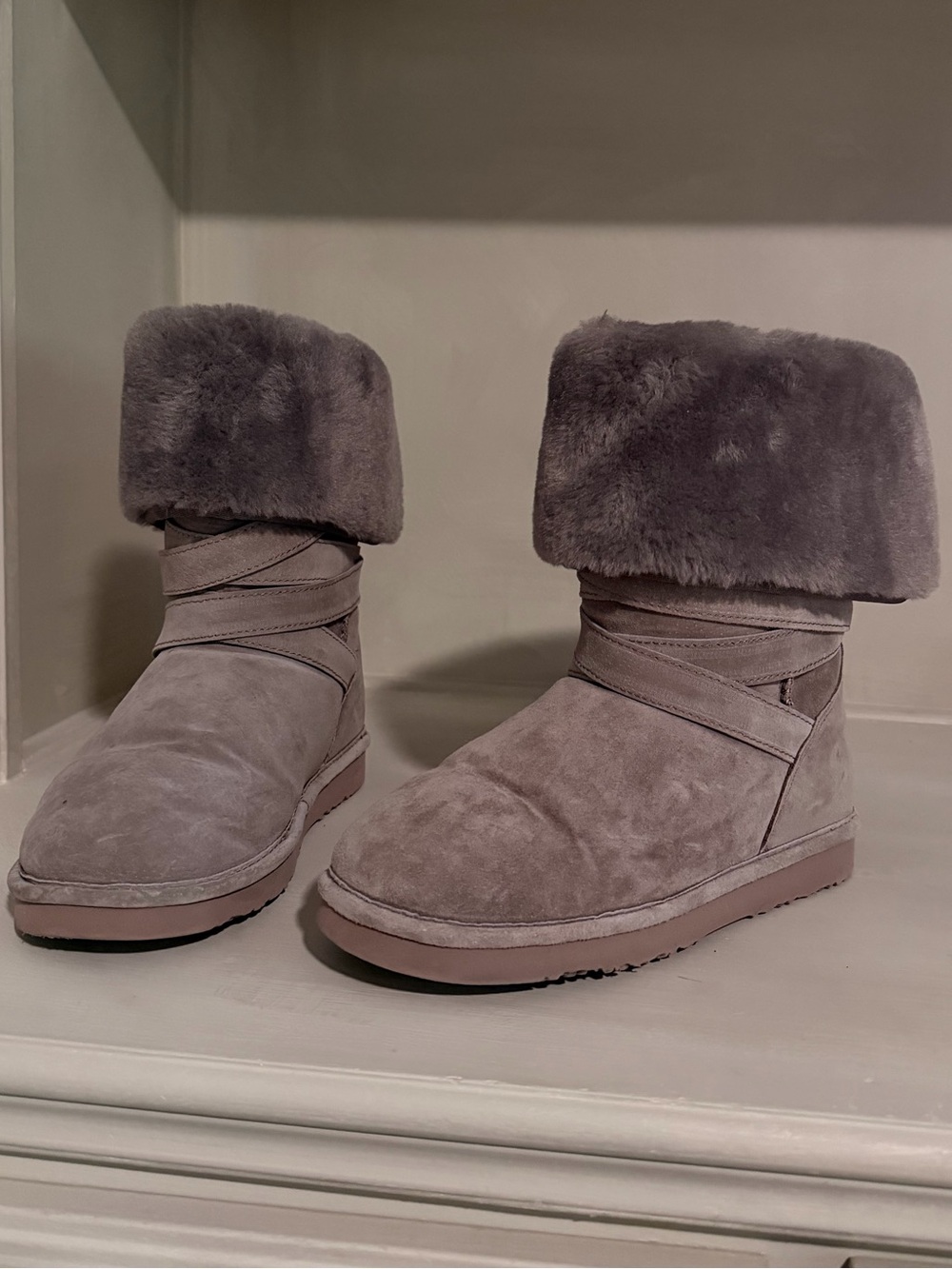 Women’s Purple Gray Suede Faux-Fur Cuff Winter Boots- LAMO